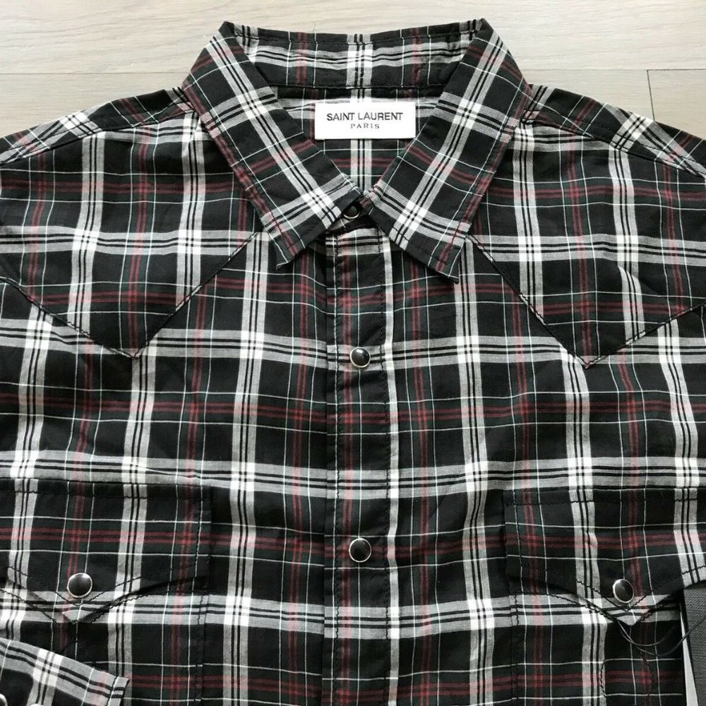 Saint Laurent Western Black Plaid Cotton Slim Fit